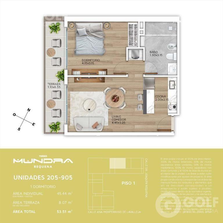 Venta apartamento de 1 dormitorio con Terraza en Cordón