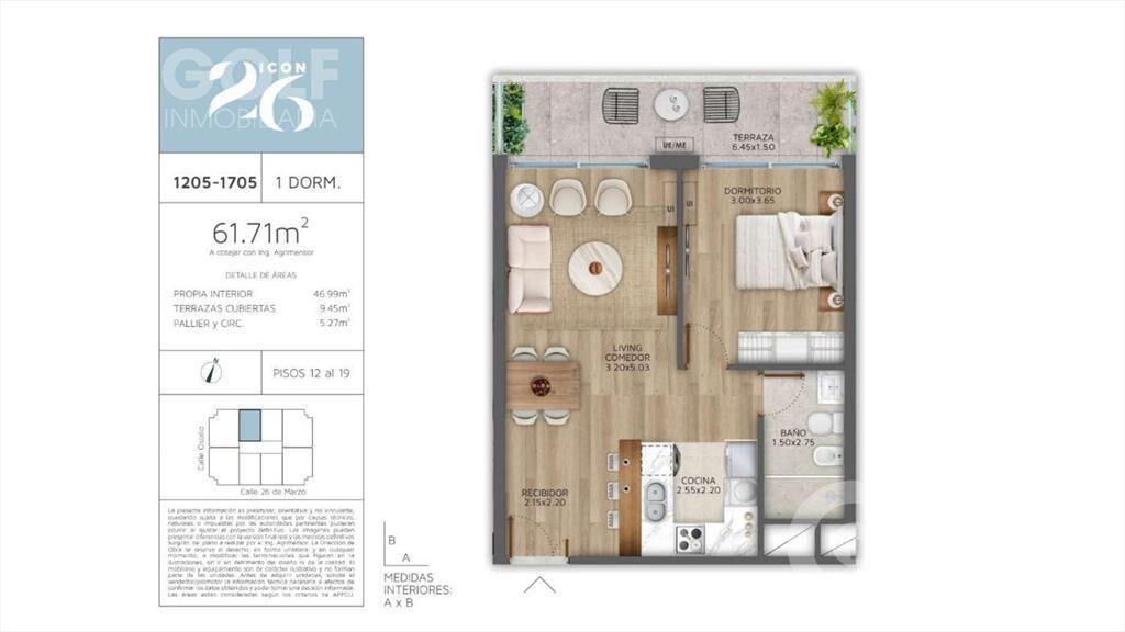 Venta de apartamento de 1 dormitorio con terraza en Pocitos