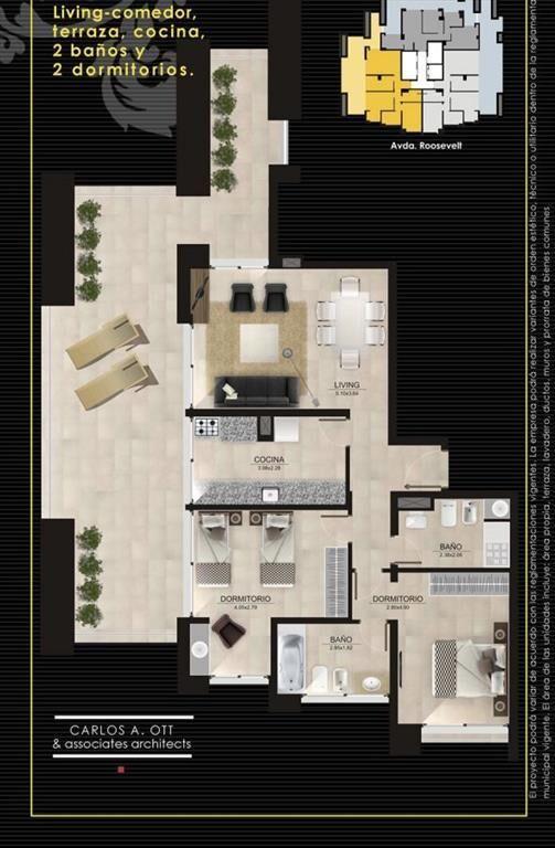 Apartamento con buena terraza, de dos dormitorios y dos baÃ
