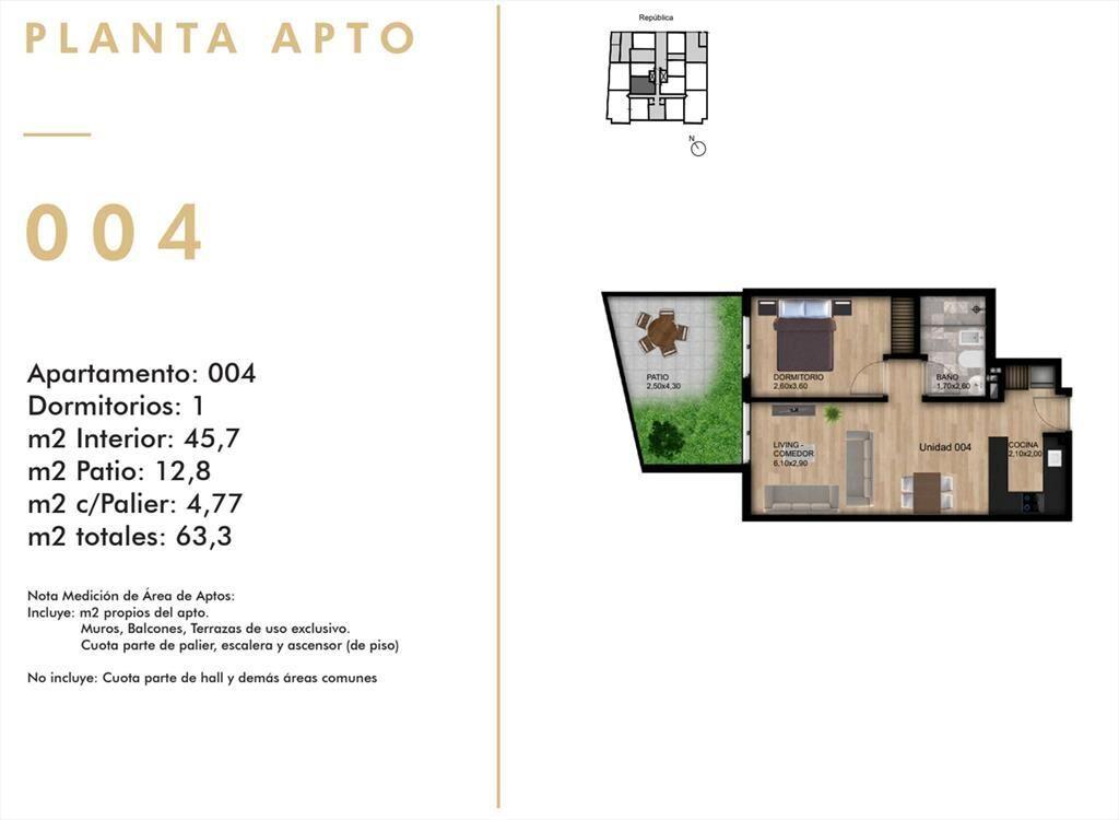 VENTA APARTAMENTO 1DORM PATIO C/ RENTA TRES CRUCES