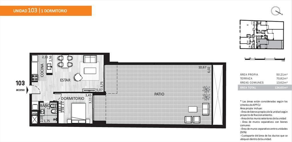 Venta apartamento a estrenar de 1 dormitorio con patio en c