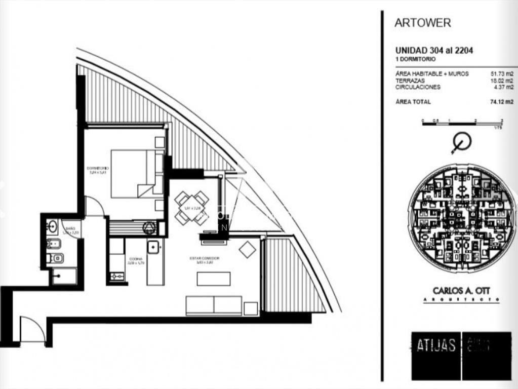 Apartaemnto de 1 dormitorio y medio en venta, Del