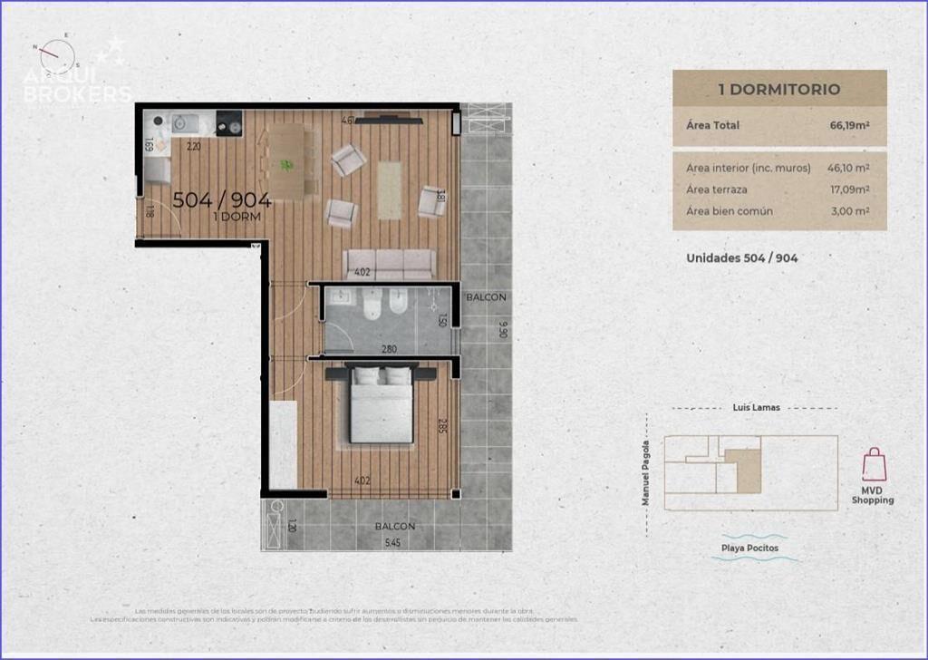 Apartamento de un dormitorio en venta en Pocitos - 704