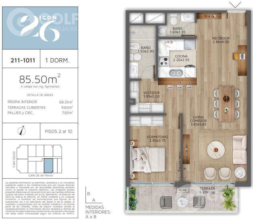 Venta de apartamento 1 dormitorio con terraza en Pocitos