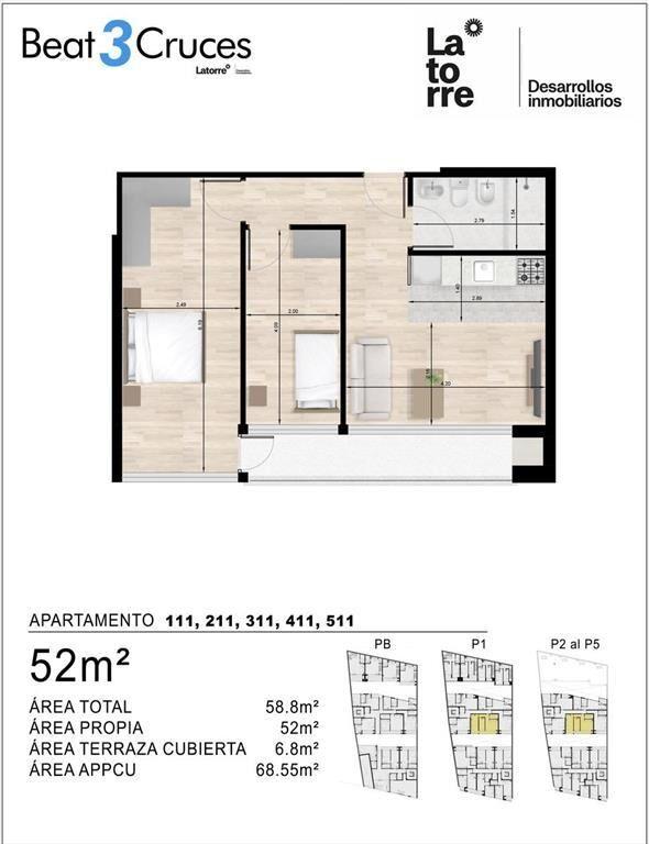 Venta Apartamento 2 Dormitorio en Tres cruces