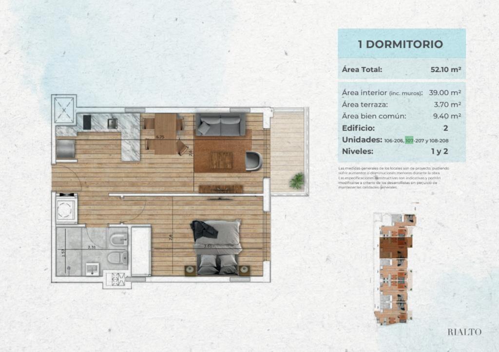 Venta de apartamento de 1 dormitorio lateral con garaje en R