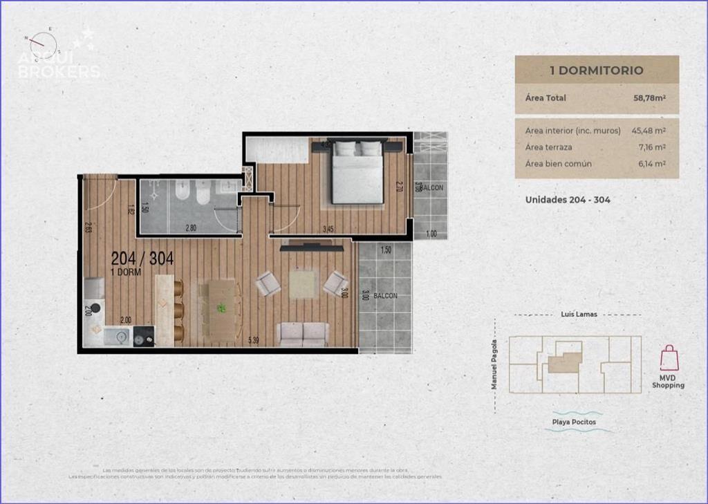 Apartamento de un dormitorio en venta en Pocitos - 304