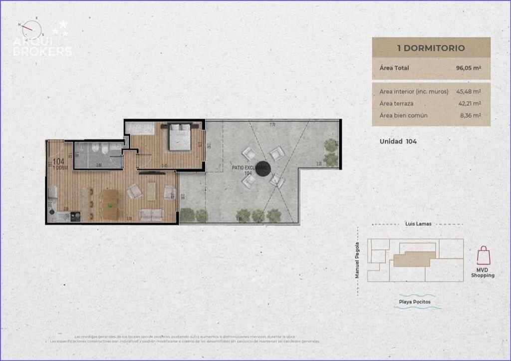 Apartamento de un dormitorio con patio en venta en Pocitos