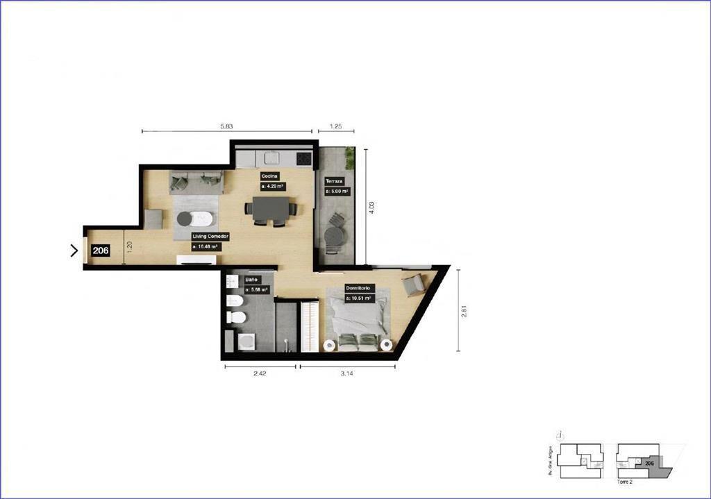 Apartamento de un dormitorio en venta en Tres Cruces - 206