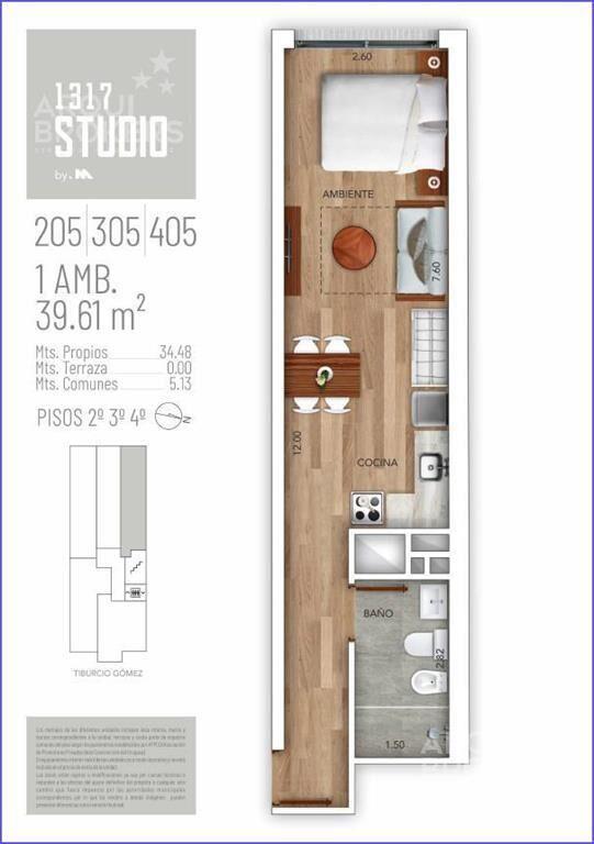 Venta apartamento monoambiente en Pocitos Nuevo-404