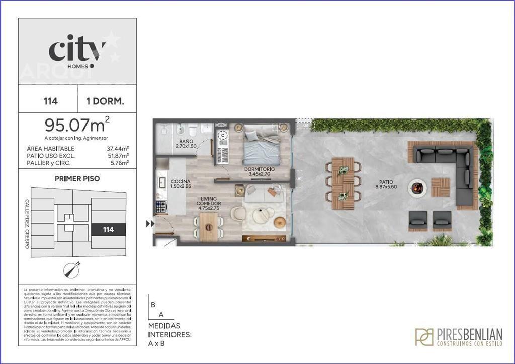 Apartamento de un dormitorio con patio en venta en Cordón -