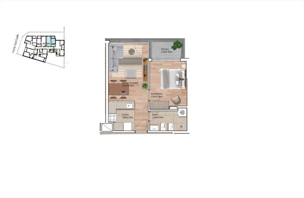 Apartamento de 1 dormitorio venta con renta  en Tres Cruces