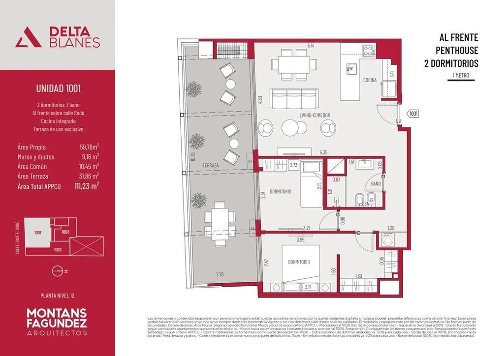 Venta de penthouse de 2 dormitorios en Delta Blanes, Cordón