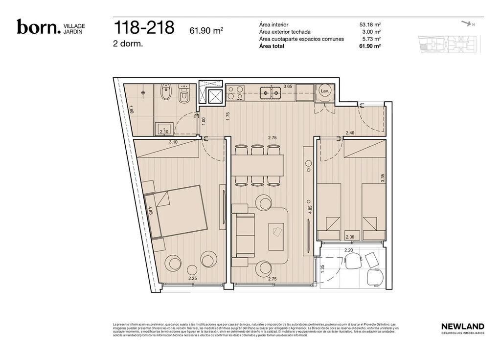 Venta de apartamento de 2 dormitorios en Born Village Jardín