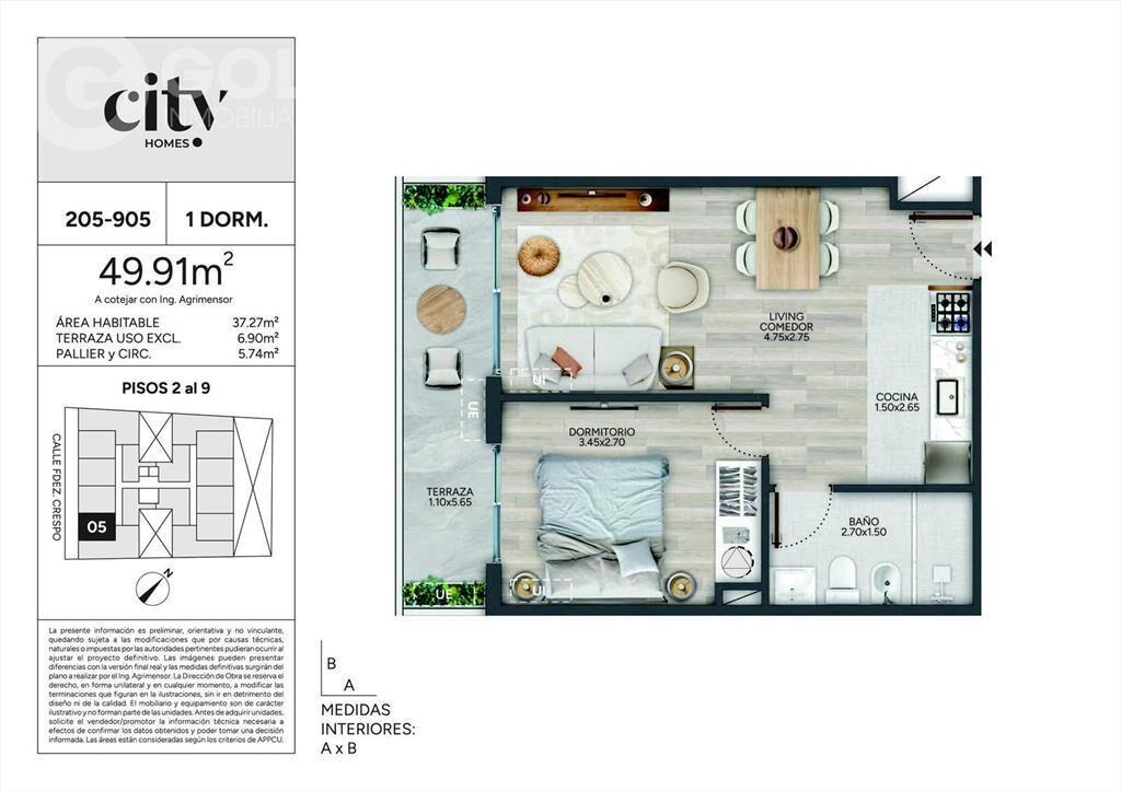 Venta de apartamento de 1 dormitorio con terraza en Cordón