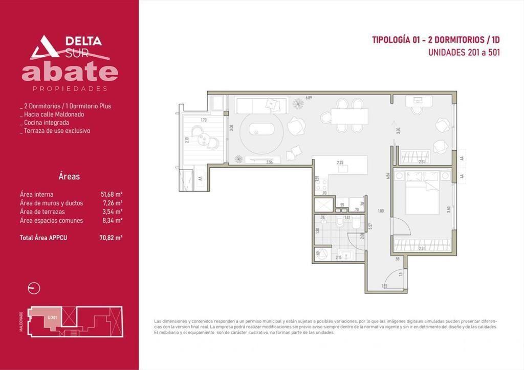 Venta apartamento dos dormitorios en Barrio Sur con terraza