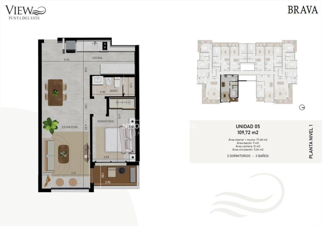 Departamento de 1 dormitorio y medio, piso alto.