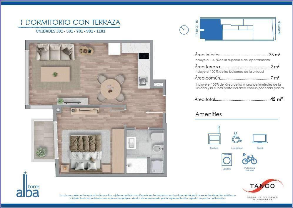 Apartamento de 1 dormitorio en venta en Cordón - 1101