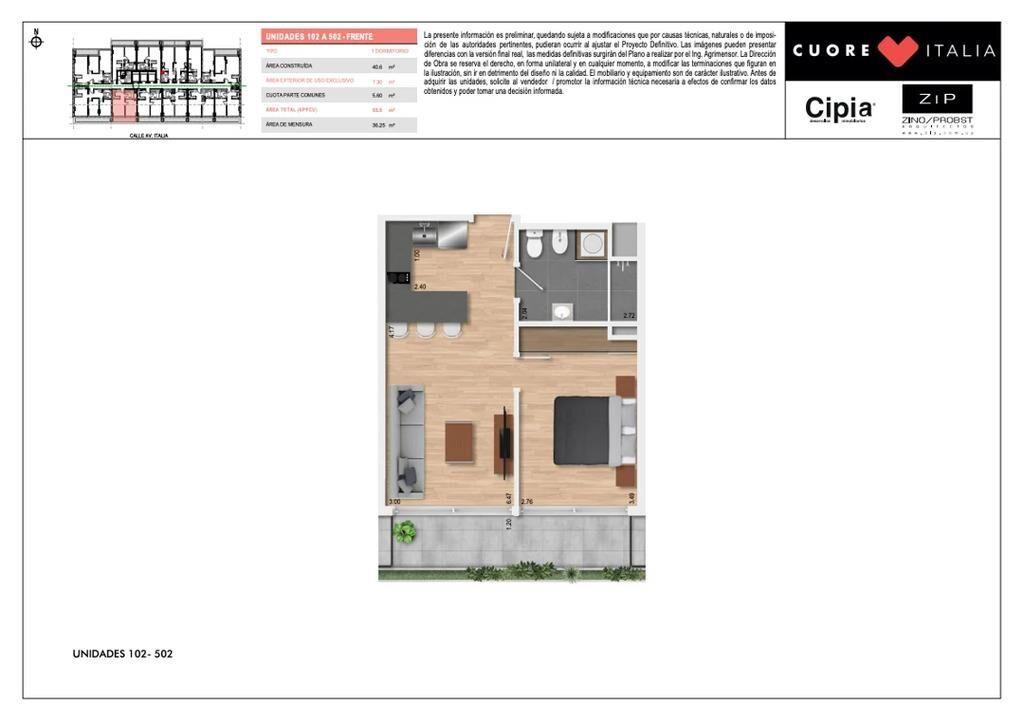Venta de apartamento de 1 dormitorio con terraza en Cuore It