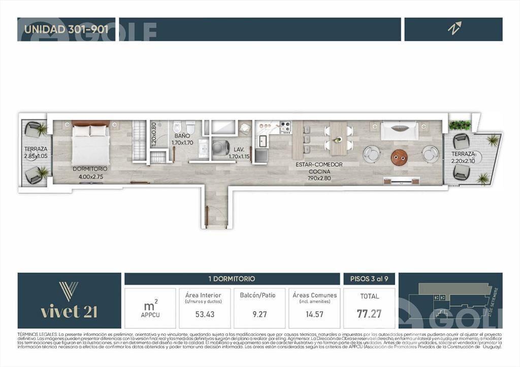 Venta apartamento 1 dormitorio con terraza en Punta Carreta