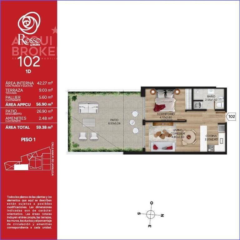 Apartamento de un dormitorio con patio en venta en Cordón -