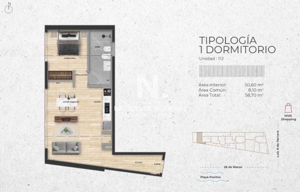 Venta Apartamento de 1 Dormitorio en Pocitos Nuevo,Montevid