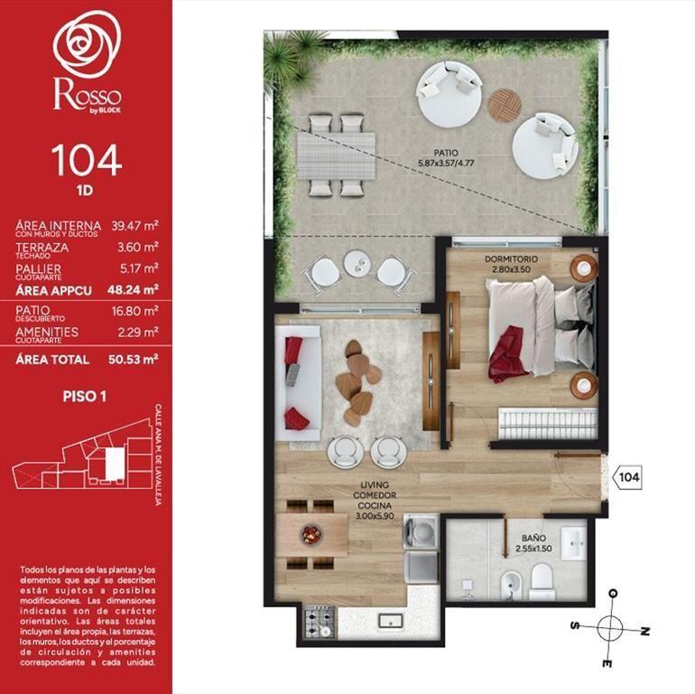 Venta Apartamento 1 Dorm Con Patio Rosso Marzo2028