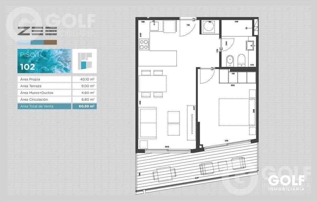 Venta de apartamento de 1 dormitorio con terraza en rambla