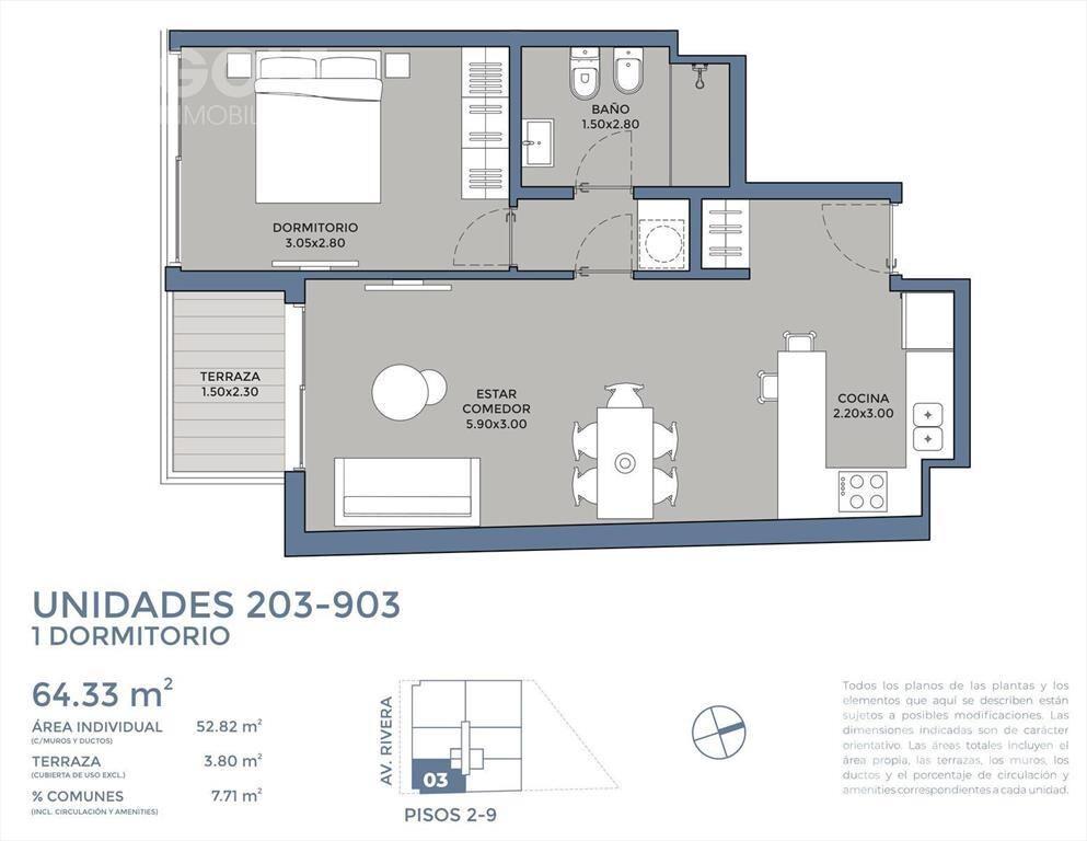 Venta de apartamento de 1 dormitorio con terraza en Pocitos