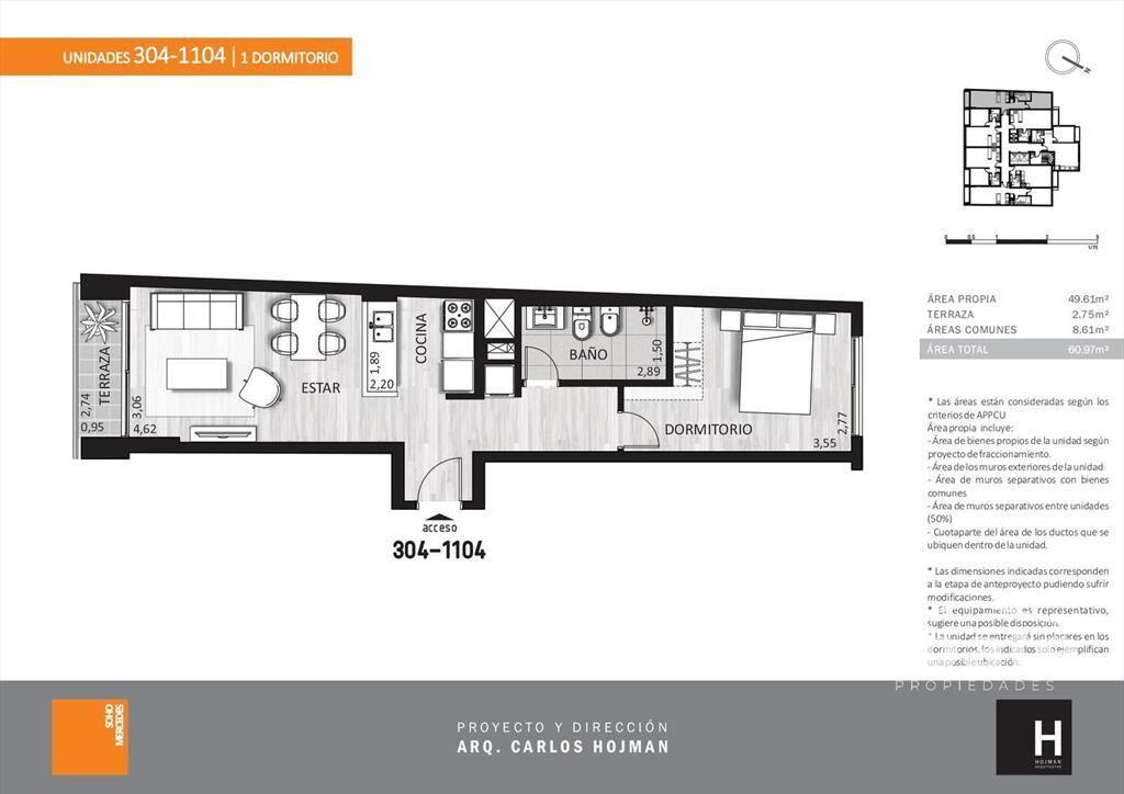 Venta apartamento 1 dormitorio en Cordón en piso alto