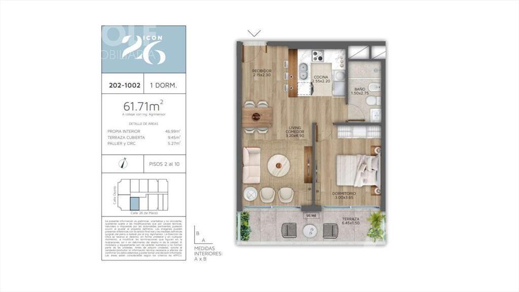 Venta apartamento 1 dormitorio con terraza en Pocitos
