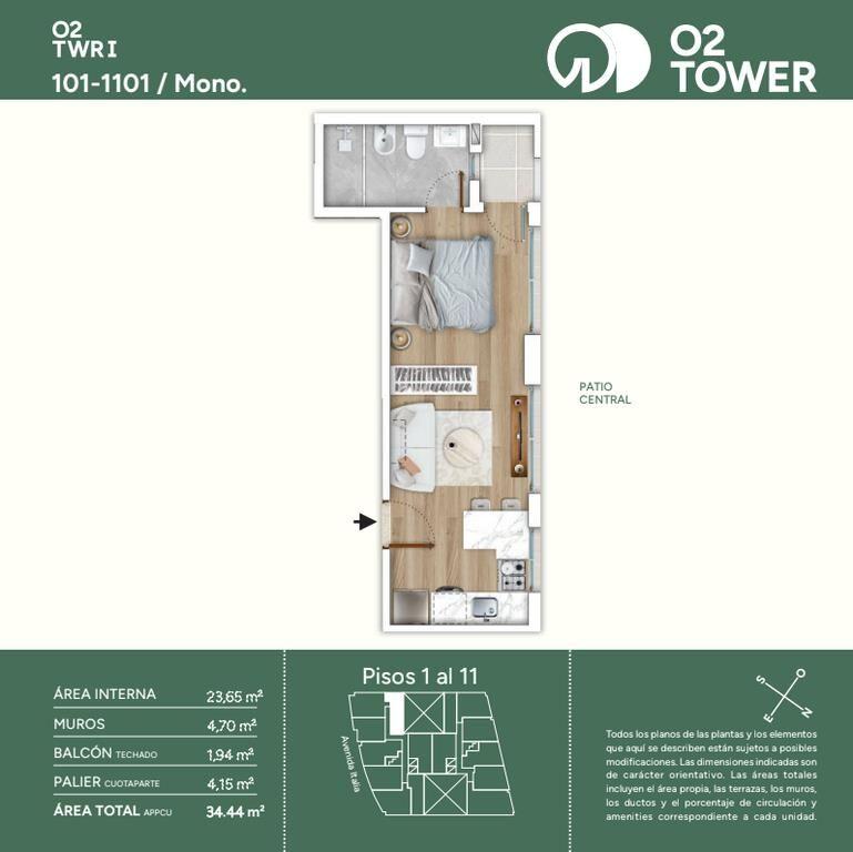 Venta de monoambiente con balcón en O2 Tower, Parque Batlle