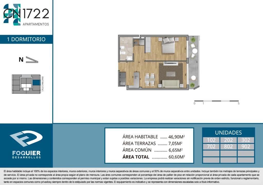 Venta de apartamento de 1 dormitorio al frente en CN 1722, C