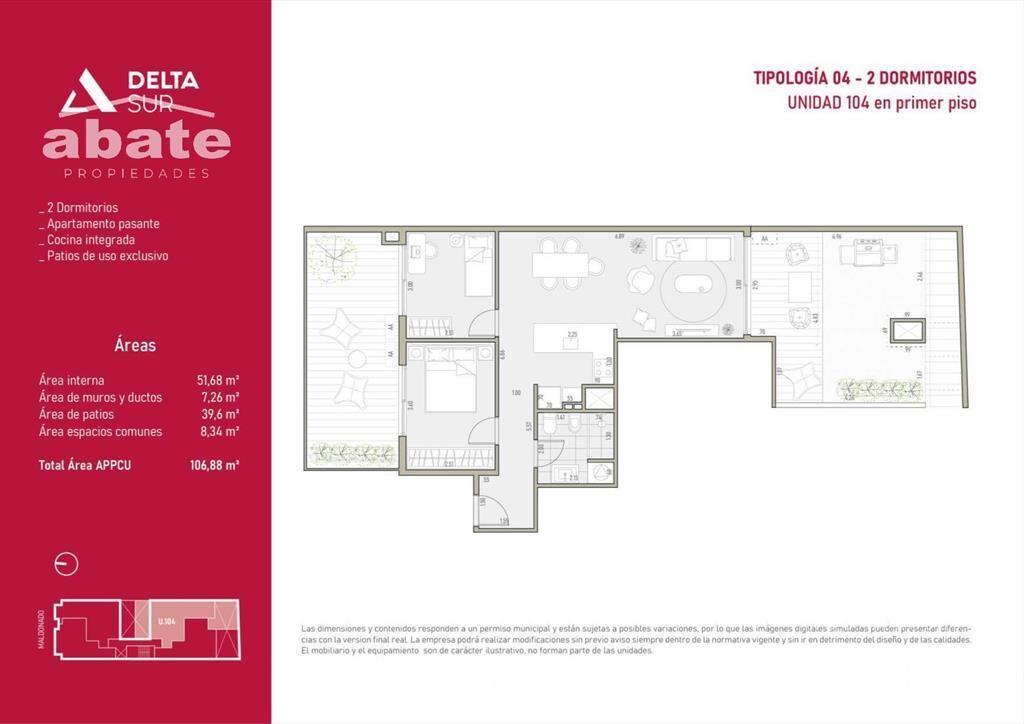 Venta apartamento dos dormitorios en Barrio Sur con terraza