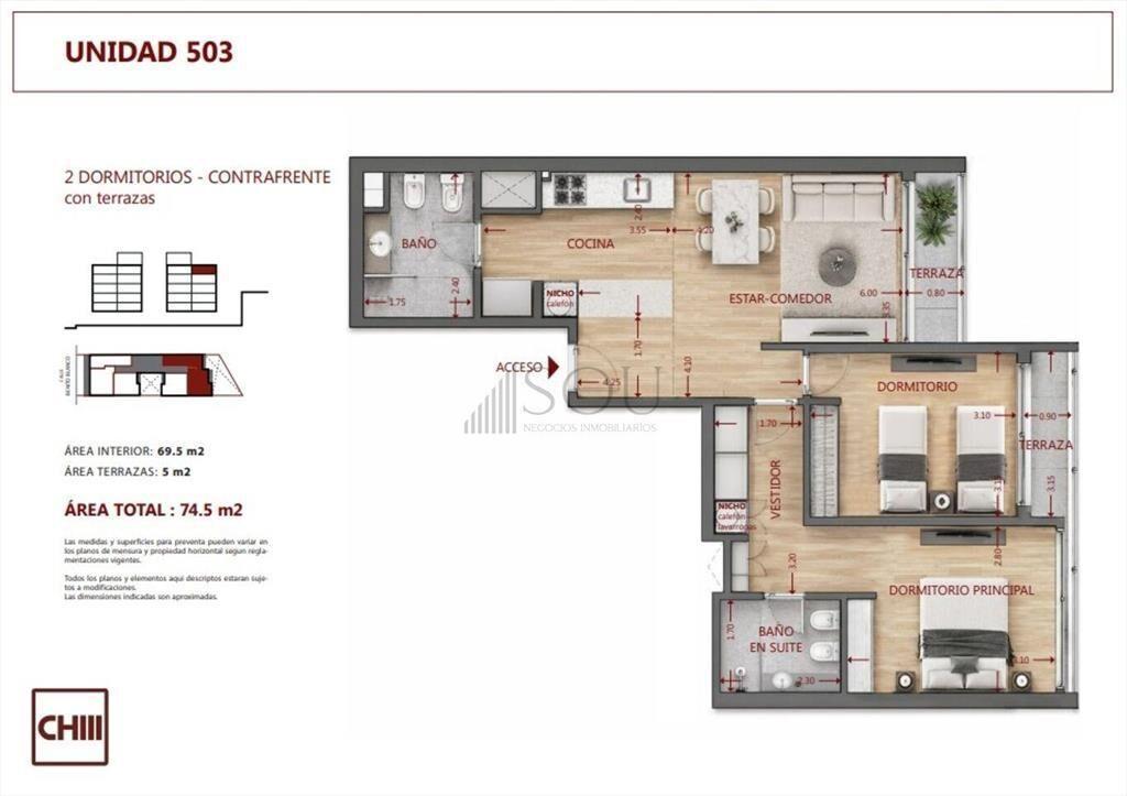 Venta Apartamento 2 dormitorios con terraza en Pocitos