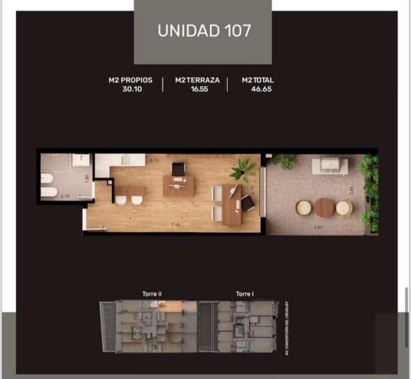 Venta apartamento monoambiente con amplia terraza. Excelent