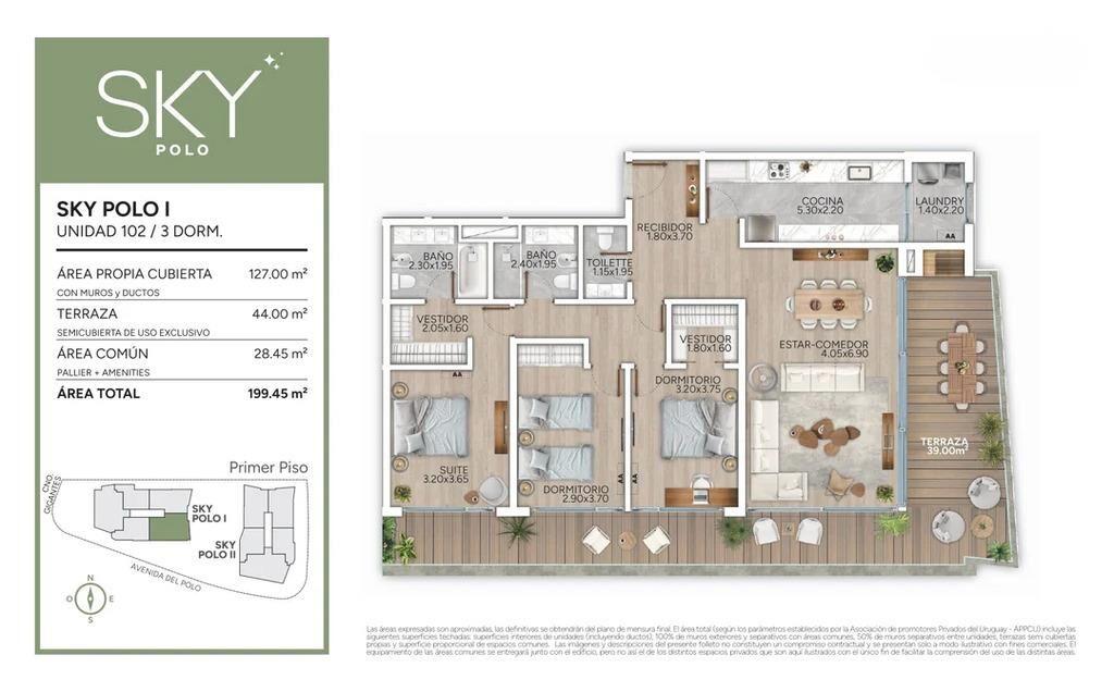 Venta de apartamento de tres dormitorios en Carrasco en Sky