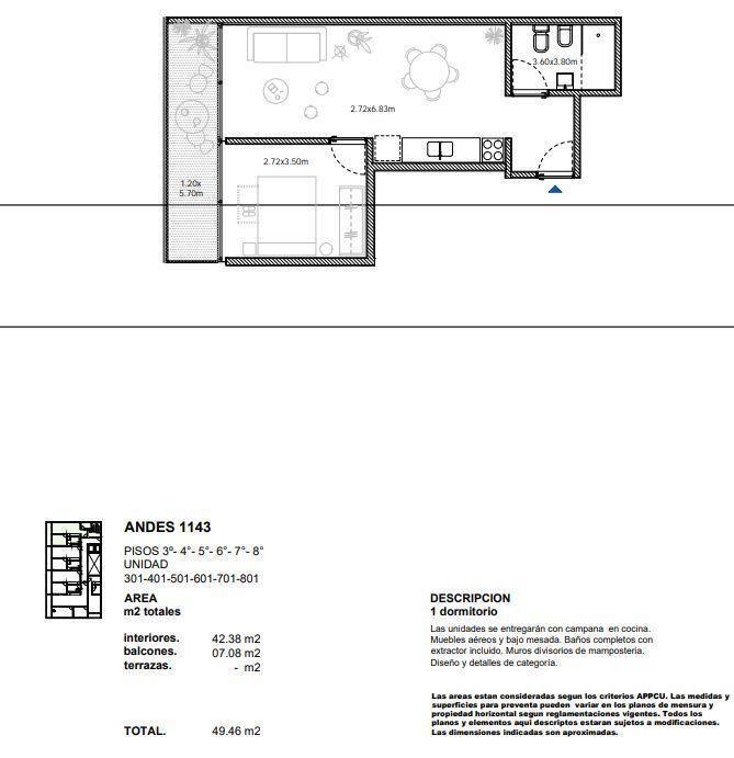 Venta apartamento de un dormitorio y balcón. Barrio Sur- Be
