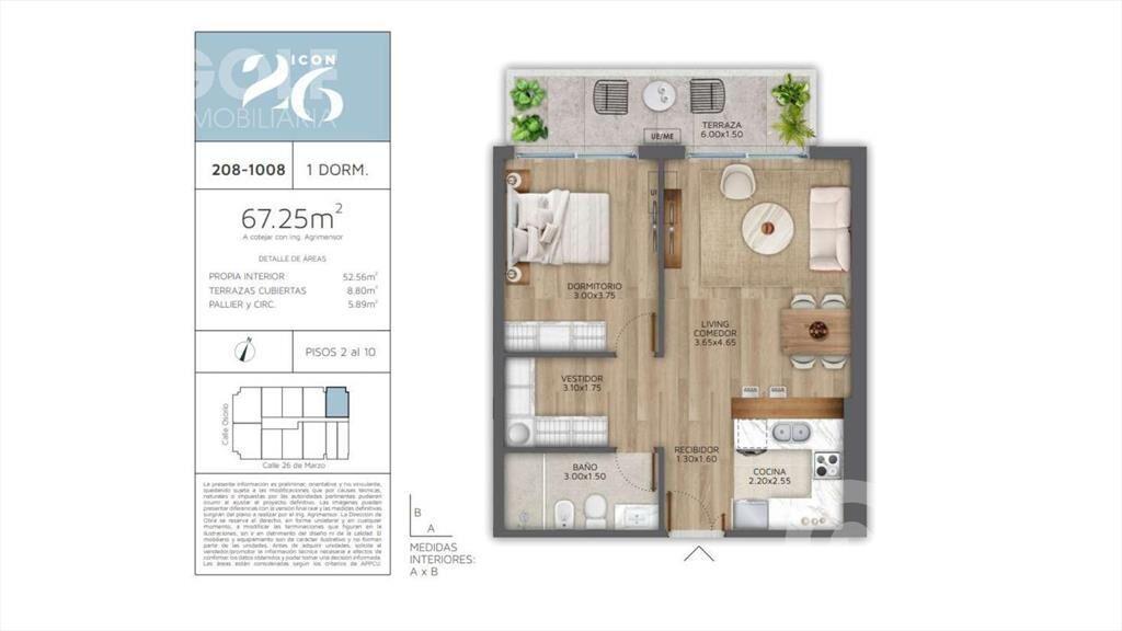 Venta apartamento 1 dormitorio con terraza en Pocitos