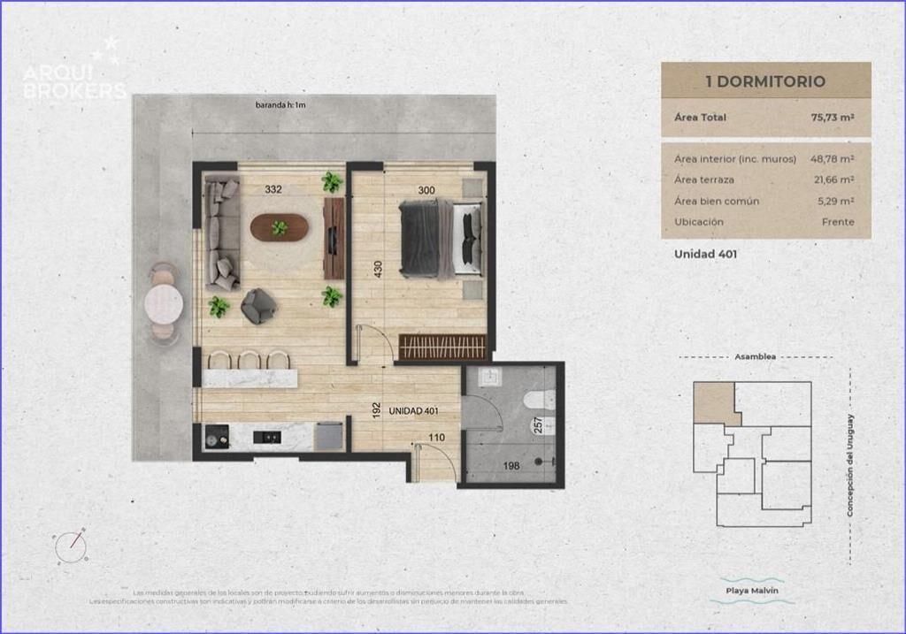 Apartamento penthouse de un dormitorio en venta en Malvín -