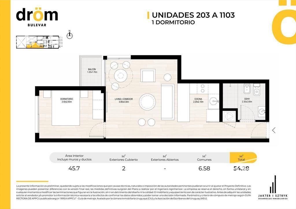 Apartamento 1 dormitorio con terraza A ESTRENAR en Tres Cru