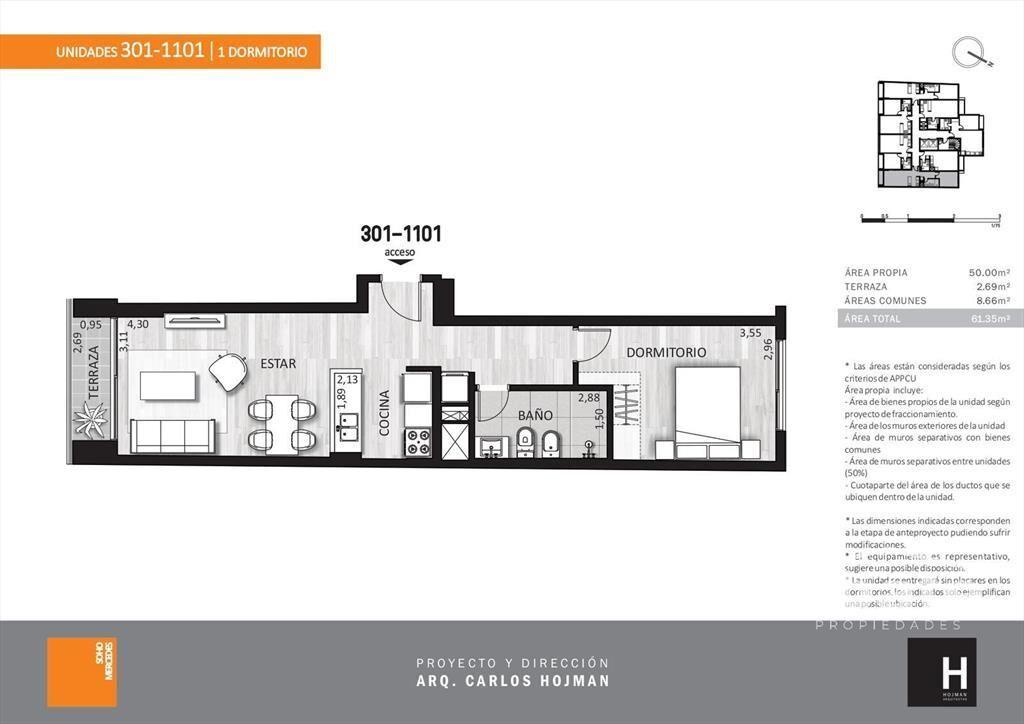 Alquiler apartamento 1 dormitorio piso alto a estrenar