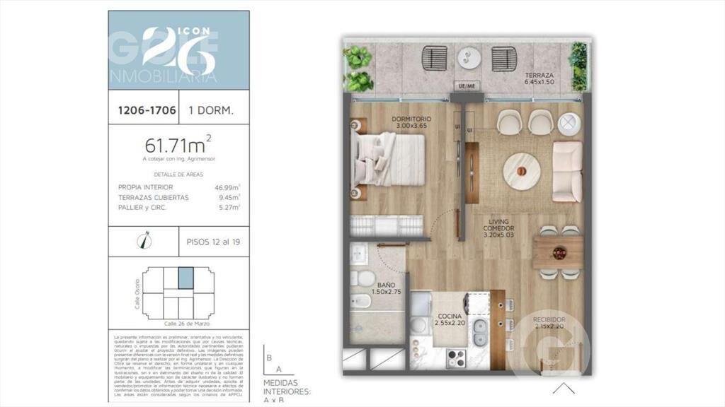 Venta de apartamento de 1 dormitorio con terraza en Pocitos