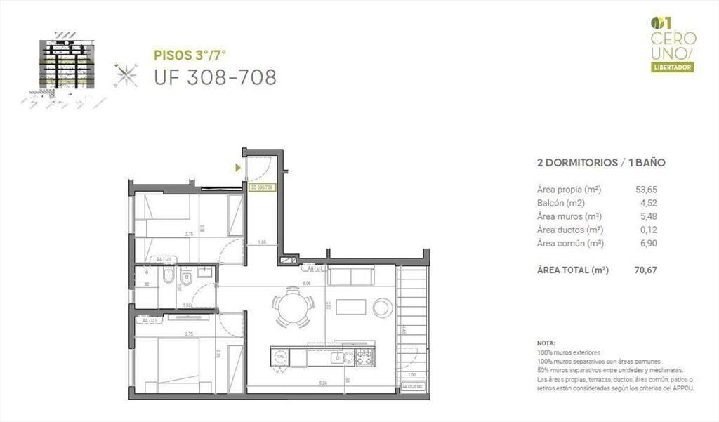 Venta apartamento dos dormitorios en Aguada - 708
