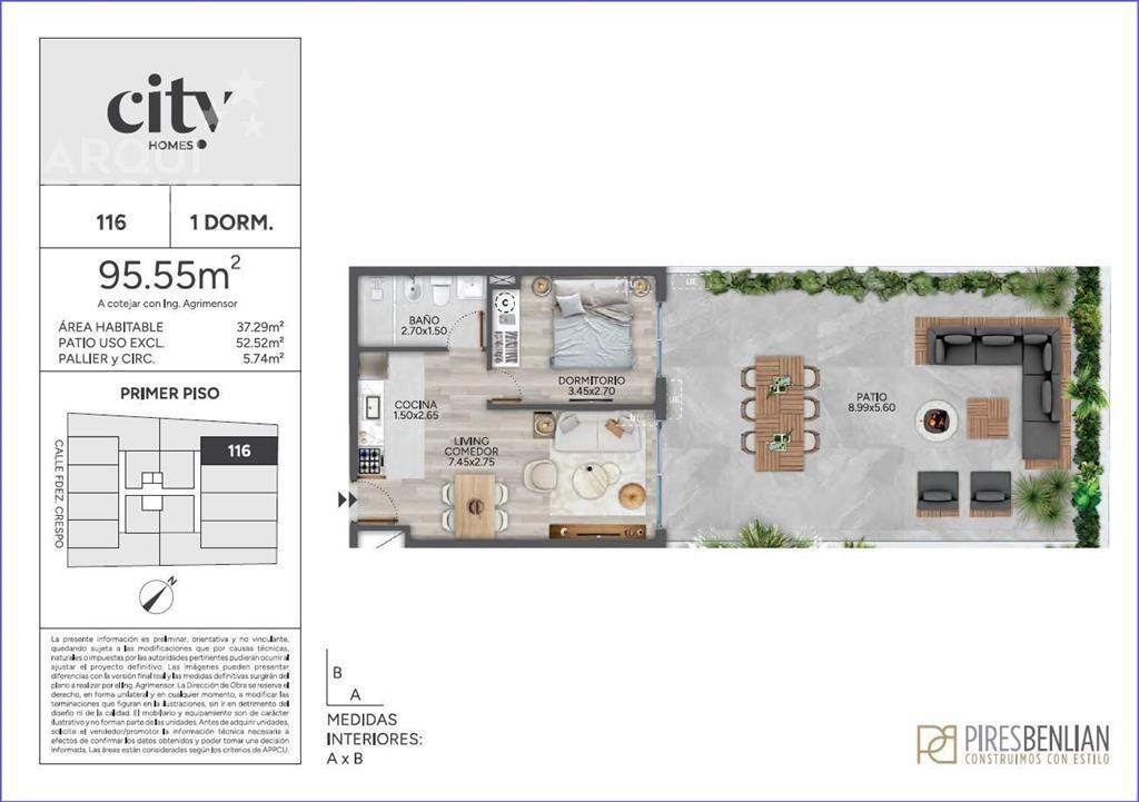 Apartamento de un dormitorio con patio en venta en Cordón -