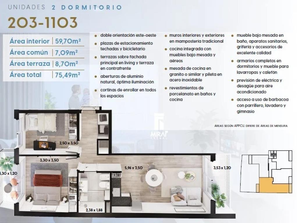 Venta de apartamento 2 dormitorios en Miraf Arenal, Cordón