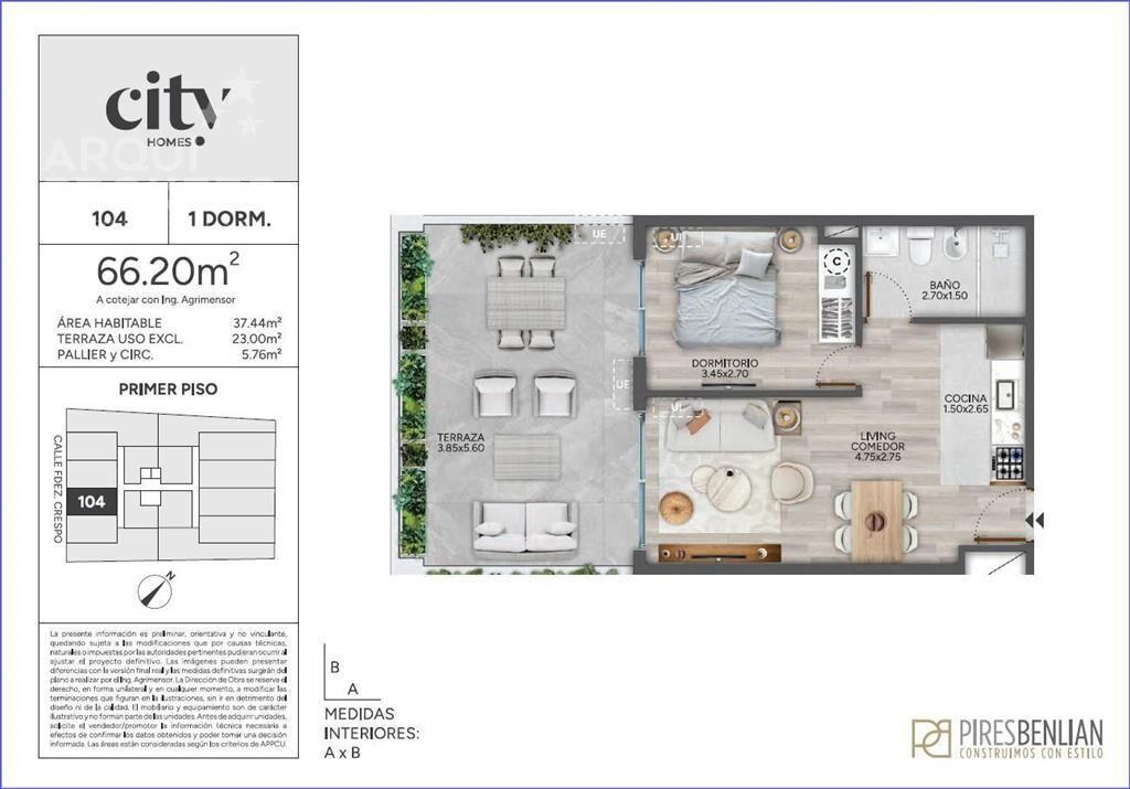 Apartamento de un dormitorio con patio en venta en Cordón -