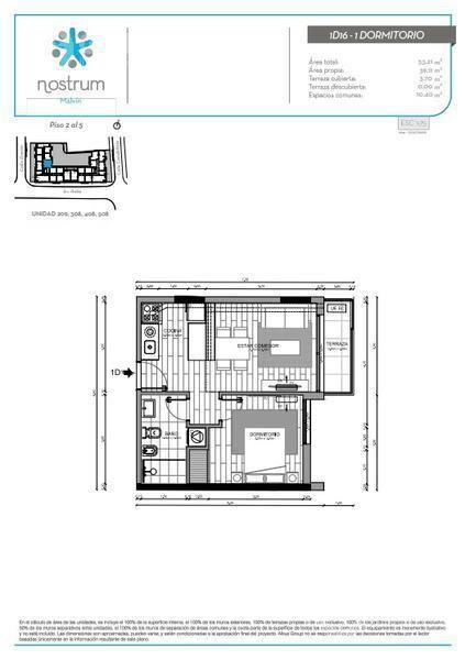 Vendo apartamento de 1 dormitorio con terraza hacia atrás,