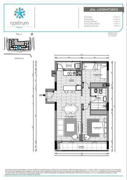 Vendo de apartamento de 2 dormitorios con terraza al frente