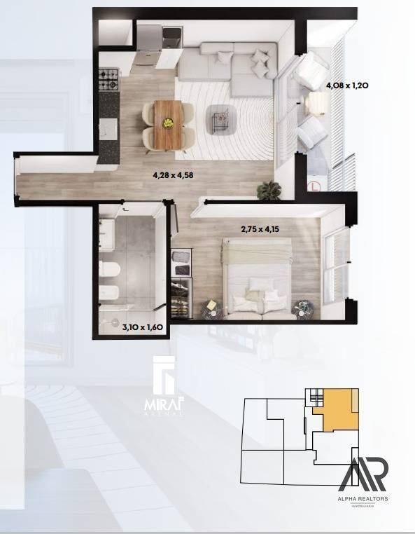 Apartamento de 1 dormitorio en Cordón sur